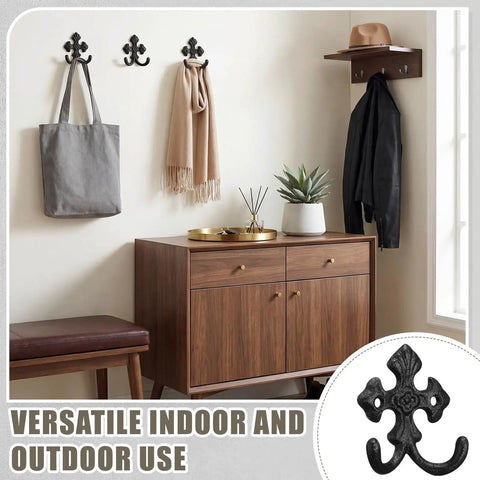 Built Like A Tank 8 Pack Double Wall Hooks Heavy Duty Wrought Iron Cast Iron Vintage Hangers decorative coat and towel holder in home setting.