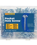 Pocket Hole Screws Assortment Kit 400 Pcs in storage box with sizes listed on label and screws visible inside