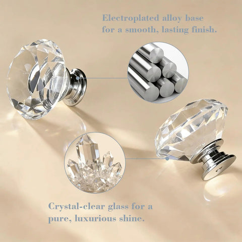 Crystal Cabinet Knobs Set For Dresser With Two Screws, Dope Diamond Glass Pull Handles, electroplated alloy and K9 crystal