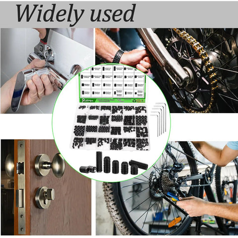 Beefy 535 Piece Set Screw Kit With Metric And SAE Sizes, cup-point screws for diverse applications, bikes, locks, faucets.