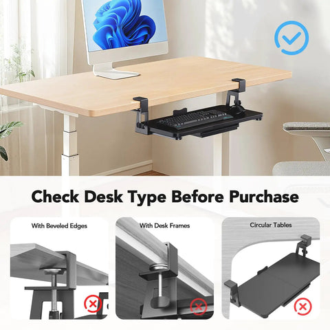 Space-Saving Large Under Desk Keyboard Tray With Sturdy C Clamp Mount, 30.16 Inch Reach Including Clamps By 12 Inch Sliding Platform
