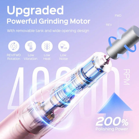 Rechargeable Electric Nail Drill 40000 RPM With Portable Nail File And Storage Stand Pink showcasing motor features