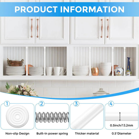 2 Pack Small Spring Tension Curtain Rods 8 To 12 Inch No Drill For Slim Window Cupboards And Closet Sidelights White shown in cupboard.