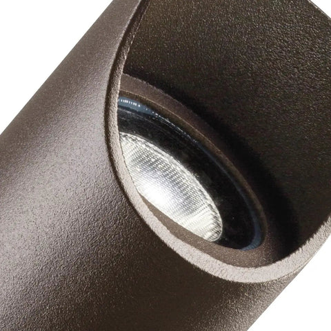 Close-up of Six Inch Outdoor Accent Light In Textured Architectural Bronze Low Voltage 12V LED Adjustable Spotlight With MR16 Bi Pin Socket