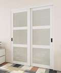 Sliding Closet Door Set 60x80 Inches Double Barn Doors With 3-Panel Frosted Fingerprint-Resistant Tempered Glass And Hardware Kit White MDF Paintable Surface Pre-Drilled Panels For No-Fuss Assembly installed view