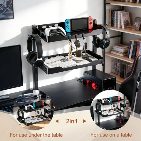 Two-Tier Clamp-On Desk Shelf And Organizer For Under Desk Storage With Hooks And High Load-Bearing Capacity on gaming desk