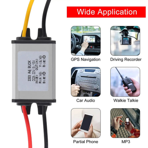 Image of Two Pack DC Buck Converter Step Down Regulator 8 To 22V Input To 3 To 15V Output 5V 12V 3A 11W Beefy Waterproof Aluminum Case showing multiple applications like GPS and car audio.