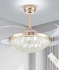 Gold Dimmable Crystal Fandelier Ceiling Fan With Light Remote Control Retractable Invisible Blades Six Speeds