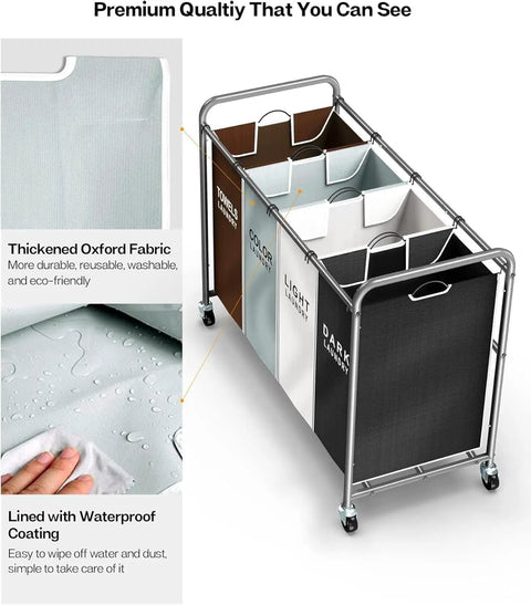 Heavy Duty Four Section Laundry Hamper Sorter Cart With Labeled Mesh Storage Bags Rock Solid Frame And Smooth Locking Wheels Straight Up The Ultimate Laundry Day Lifesaver For Hella Organized Closets And Bedrooms