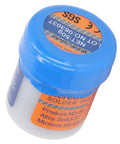 Close-up of No Clean Solder Paste Sn63 Leaded Flux 50g Jar with blue lid, details on usage for SMT Patch and Electronic Repair.