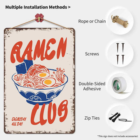 Funny Vintage Metal Wall Sign Ramen Club Everyday All Day Tin Sign 8x12 Inches Aluminum Decor with multiple installation methods