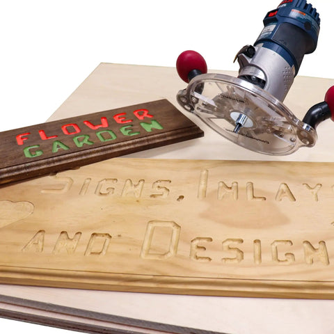 Universal 11 Piece Metal Bushing Router Template Guide Set in use with wooden sign projects showing floral and design text.
