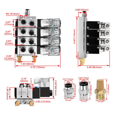 Technical diagram of 4V210-08 AC220V Pneumatic Solenoid Valve 5 Way 2 Position PT1/4 with dimensions and fittings