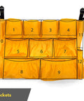 Yellow Janitorial Trash Can Caddy Bag with 12 pockets and dual adjustable straps for 32-48 gallon round and square trash cans.