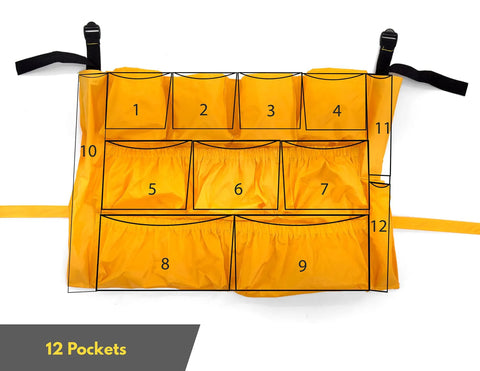 Yellow Janitorial Trash Can Caddy Bag with 12 pockets and dual adjustable straps for 32-48 gallon round and square trash cans.
