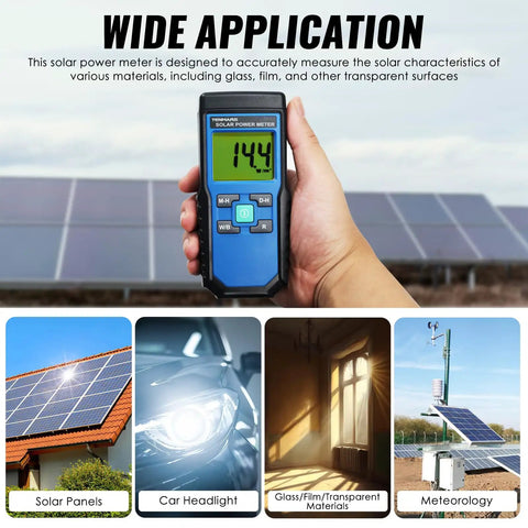 Handheld Solar Irradiance Meter For Real World Sun Readings, Digital Solar Power Meter With 2000 W/m2 Range shown in use
