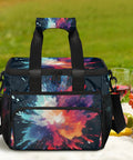 Colorful Starry Sky Insulated Picnic Backpack Lunch Bag on picnic table, large 12x8.7x10in capacity, with thick insulation and handles
