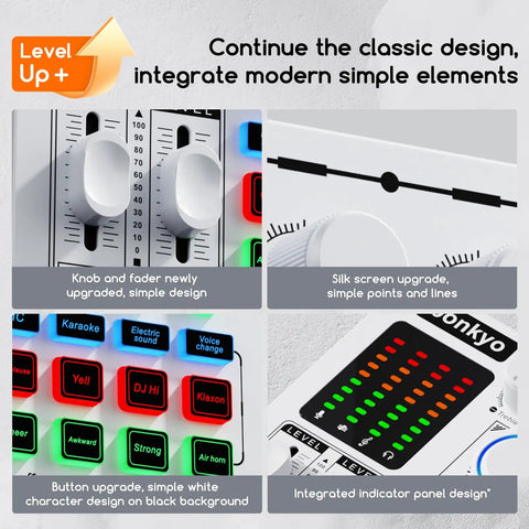 Close-up of Live Sound Card With Lit RGB Lighting Effects Noise Reduction And Pro Audio Mixer Metal Body And Indicator Panel