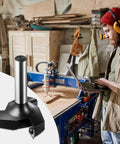 2.36 Inch Cutting Diameter 3 Wing Spoilboard Surfacing Router Bit, One Half Inch Shank, Carbide Insert Planer Bit For CNC Milling And Woodworking displayed next to a woodshop scene with a carpenter using a laptop