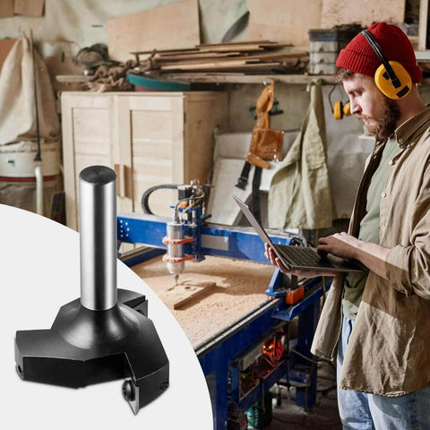 2.36 Inch Cutting Diameter 3 Wing Spoilboard Surfacing Router Bit, One Half Inch Shank, Carbide Insert Planer Bit For CNC Milling And Woodworking displayed next to a woodshop scene with a carpenter using a laptop