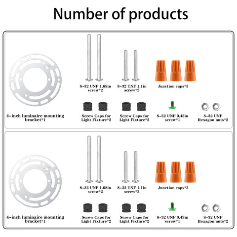 Components of the 2 Pack Universal Light Fixture Mounting Brackets Rock Solid 4 Inch Round Steel Crossbars, including screws and caps.
