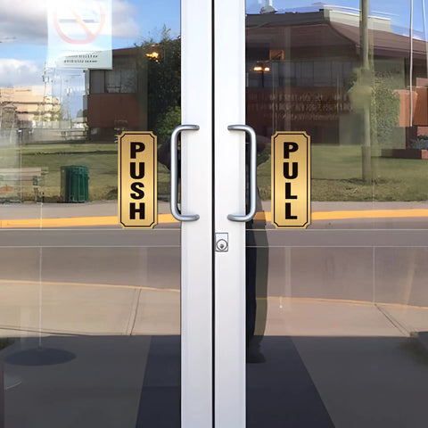 Push And Pull Door Sign Set Self Adhesive Durable Waterproof Vinyl Decals Black And Gold For Home Office Cafe Storefronts Glass Doors And Handles Easy Peel And Stick 7.8 Inch By 3.1 Inch on glass double doors