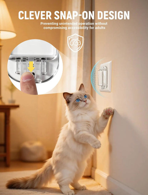 Cat near a clear light switch protector with screw-on design, part of the 2 Pack Light Switch Guard Cover For Kid Proofing Your Rocker Switches