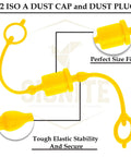Hydraulic Hose Dust Caps And Plugs Kit Half Inch ISO A Quick Disconnects With Retention Ring shown in yellow PVC material