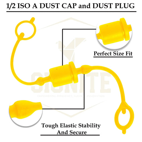 Hydraulic Hose Dust Caps And Plugs Kit Half Inch ISO A Quick Disconnects With Retention Ring shown in yellow PVC material
