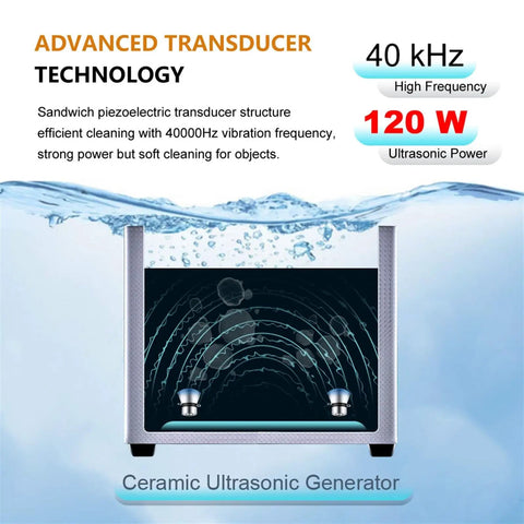 Digital Ultrasonic Cleaner 120W With 120L Heating Tank And Timer For Jewelry E Cig Parts Manicure Tools Deep Cleaning Bath Sonicator Machine image showing advanced transducer technology in water.