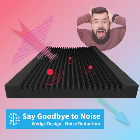 High Density Wedge Acoustic Foam Panels 4 Pack 48 Inch By 24 Inch By 2 Inch showing soundproofing effect with person reacting