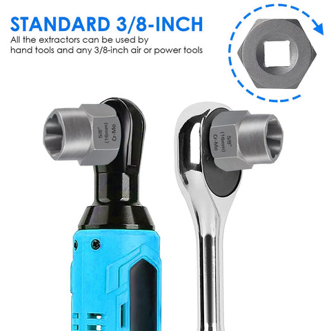 Professional 14 Piece Bolt Extractor Set For Removing Damaged And Rounded Off Bolts And Nuts With Three Eighths Inch Drive shown on tool
