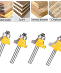 Four roundover router bits on white background with 1/4 inch shank, labeled wood types. Roundover Router Bit Set Four Piece With 1/4 Inch Shank Radii 1/8 1/4 3/16 5/16 Bearing Guide For Smooth Edge Rounding Carbon Steel Tungsten Alloy Blades Built For Fast Pro Grade Woodworking.