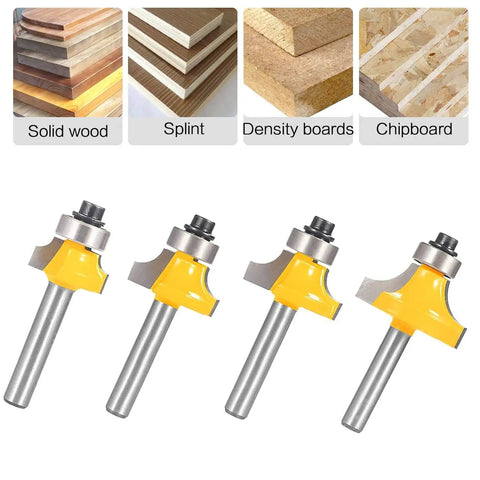 Four roundover router bits on white background with 1/4 inch shank, labeled wood types. Roundover Router Bit Set Four Piece With 1/4 Inch Shank Radii 1/8 1/4 3/16 5/16 Bearing Guide For Smooth Edge Rounding Carbon Steel Tungsten Alloy Blades Built For Fast Pro Grade Woodworking.
