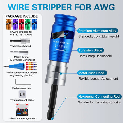 Heavy Hitting Drill Mounted Wire Stripper And Twister Kit For Solid 6 Through 14 Awg Cables With No Sweat Mandrels and tools features.