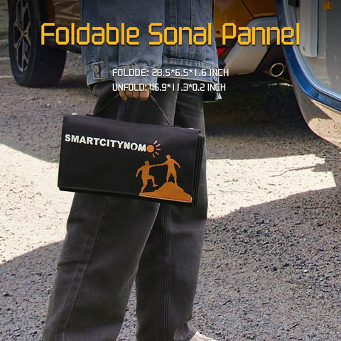 Road Trip Ready No Sweat Foldable Solar Panel 42W Portable Charger held by a person, designed for outdoor adventure and camping.