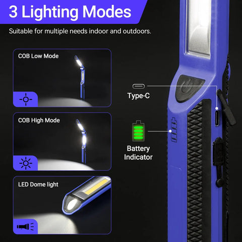 Rechargeable LED Work Light 1500 Lumens Portable Magnetic Work Light showing three lighting modes and side buttons