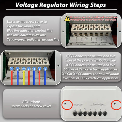Wiring steps for Rock Solid Heavy Duty Digital Voltage Regulator With Instant Readout Screen for home appliance protection.