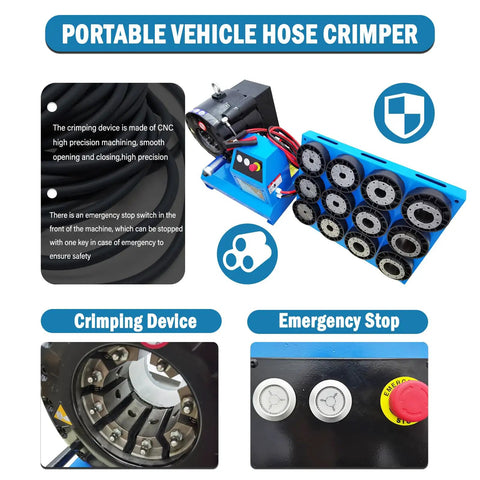 Pro Grade Electric Hose Crimper For Hydraulic Tubing And Steel Pipes 1/4 To 2 Inch Crimp Range 2500W with crimping device and emergency stop.