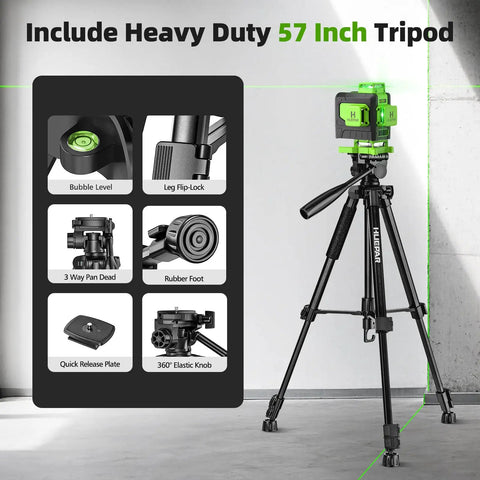 4x360 Self Leveling Laser Level With 60 Inch Tripod, Outdoor Pulse Mode And 16 Green Laser Lines For Tiling Ceiling And Wall Work, Super Bright 100 Ft Visibility, Plus Or Minus One Ninth Inch Accuracy, Ideal For DIY Renovation, mounted on tripod