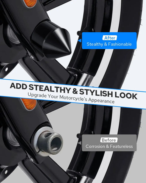 Harley Front Axle Nut Covers CNC Aluminum Axle Caps installed on motorcycle for stealthy look comparison
