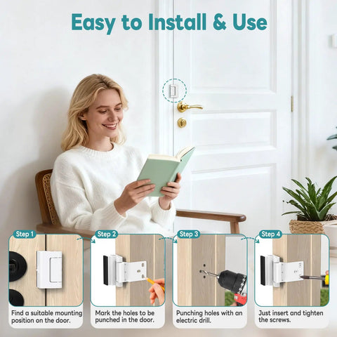 Step-by-step guide illustrating installation of Rock Solid Door Reinforcement Security Lock For Inward Opening Doors Heavy Duty Aluminum.