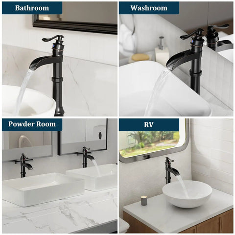 Oil Rubbed Bronze Vessel Sink Faucet With Waterfall Spout Tall Deck Mount Bathroom Tap Single Handle Single Hole in various settings