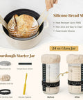 All In One Sourdough Starter Kit With Banneton Proofing Baskets, Dough Scraper, Whisk, Lame, Recipe Card And Storage Tray For No Fuss Pro Grade Artisan Bread Making At Home showing silicone bread sling and glass jar.