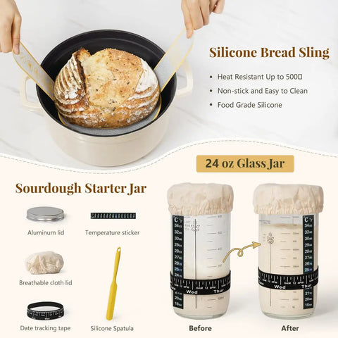 All In One Sourdough Starter Kit With Banneton Proofing Baskets, Dough Scraper, Whisk, Lame, Recipe Card And Storage Tray For No Fuss Pro Grade Artisan Bread Making At Home showing silicone bread sling and glass jar.