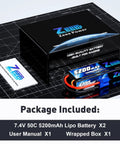 Hard Case 2S 5200mAh 7.4V 50C Lipo Battery With EC5 Plug For 1 Eighth And 1 Tenth RC Cars Buggies And Truggies Dual Pack, package with components