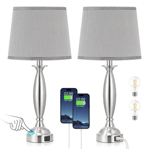 Touch Bedside Lamps Two Pack With USB C and USB A Ports, 3 Way Dimmable Nightstand Lamps in Brushed Nickel for Bedroom