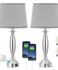 Grey White USB Table Lamps Two Pack For Bedrooms And Nightstands With Rotary Switch Lit USB Charging Ports Brushed Nickel Base
