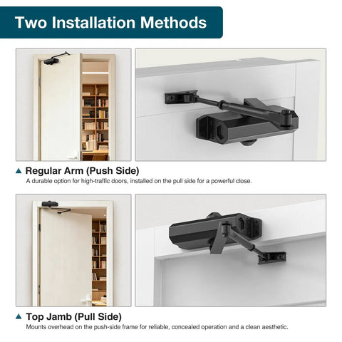 Automatic Door Closer For Home And Light Commercial Use, Adjustable Closing Speed, regular arm and top jamb installation