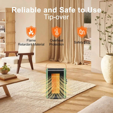 1500W Portable Indoor Space Heater With PTC Quick Heat 110V Electric Heater in living room with safety features illustration